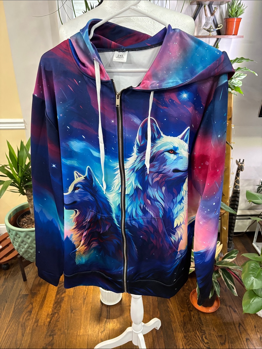 🦒Woman’s Galaxy Wolf Zip Hoodie Vibrant Blue & Purple size 2X - Picture 5 of 6